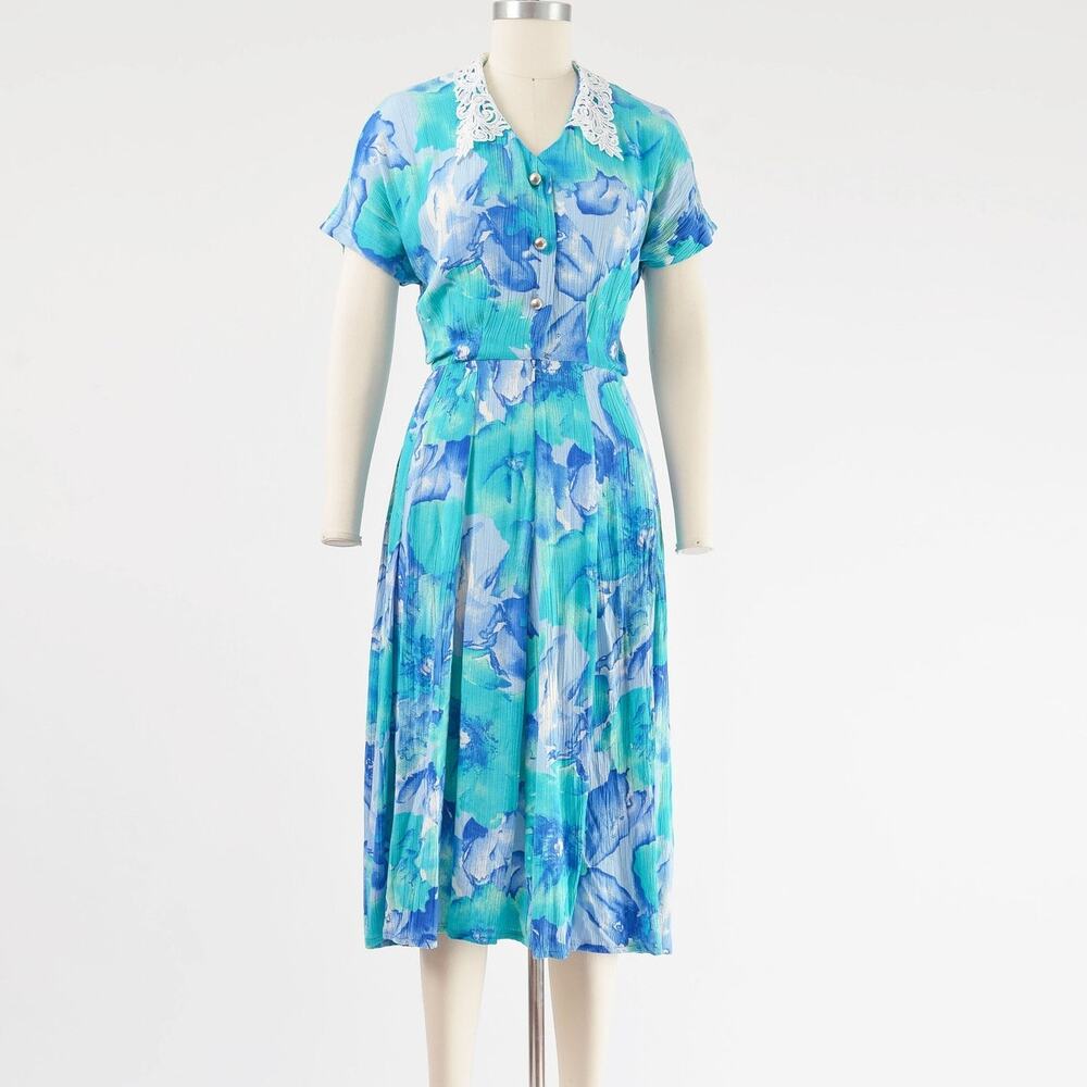 Vintage 80s 90s Watercolor Floral Cottagecore White Lace Collared Midi Dress XS